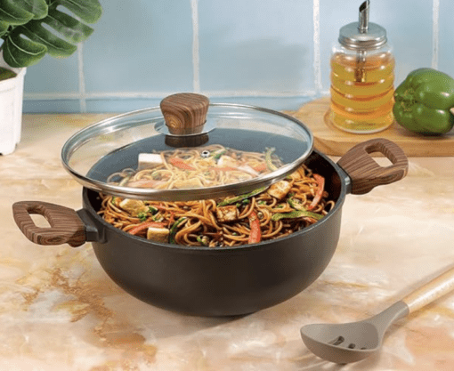 Vinod Zest Plus Die Cast Aluminium Kadhai with Glass Lid - 4 litre | Kadai for Cooking | 5mm Thick | 5 layer Coating | Wooden Finish Handle | Induction Base | 1 Year Warranty - Image 2